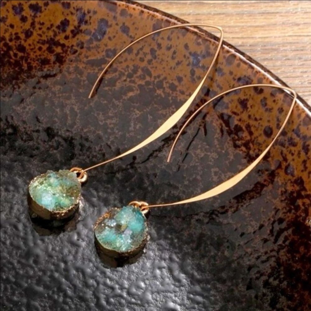 NEW! Anthro ocean blue green sparkle druzy like stone drop earrings half